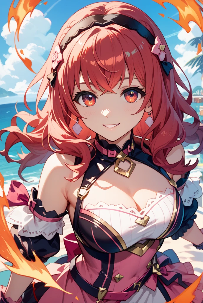 Bright pink hair, pink eyes, woman, sun and cloud background, pink red gold clothes, hair bows, happy face, mermaid outfit, sexy, cat ears, hearts, floating hearts, thigh up, thigh high tights