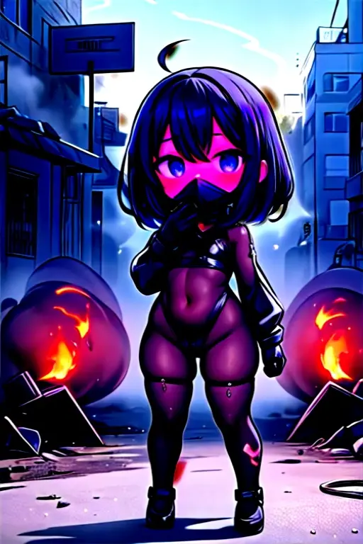 Personagem original, volumetric lighting, melhores sombras, Profundidade superficial de campo, Retrato de uma garota incrivelmente linda, , Rosto lindo e delicado e atraente com olhos negros atraentes, sobrancelhas afiadas, Respirator Face Cover Gas Mask, inexpressivo, lindos seios pequenos, Cabelo preto curto em camadas, Sombra blush, thick eyelashes, metallic texture, Full Body Fire Protection Suit, Fuel flamethrower, Fuel flamethrower Tank, olhando para outro, Destroyed rusty metal structures, Standing in the burning city destroyed, Chamas Ardentes, Burning black smoke Rising Sky, (mais alta qualidade, incredible details:1.25), (Sozinho:1.3), Pinturas coloridas brilhantes