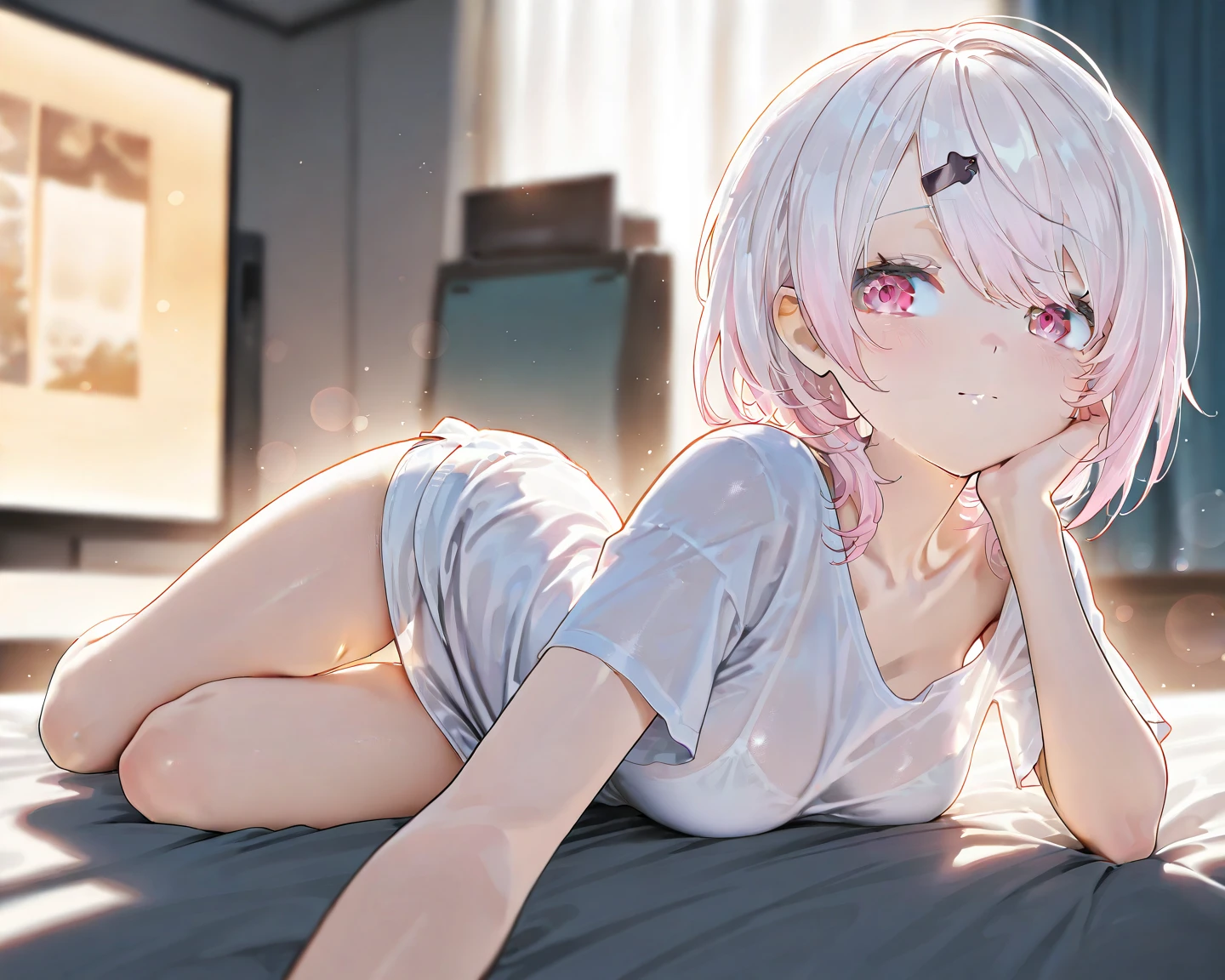 White Hair Girl、Pink Eyes、Short Hair、Only one girl、Night、In the bedroom、Blushing、laughing、Excited、Just One、Sitting on the bed、Wearing only underwear、Sweating、nsfw