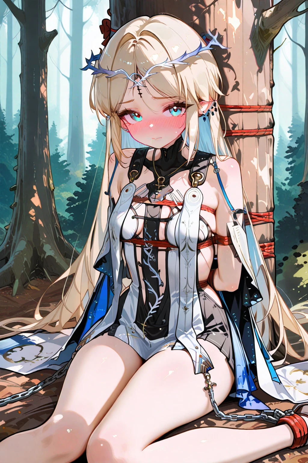 masterpiece, best quality, 1girl, <lora:sppriconneYukariXL-10:1> yukariadv, cleavage, fur trim, white jacket, white top, navel, black gloves, denim shorts, short shorts, belt, black thighhighs, single thighhigh, thigh strap, coffin, feet out of frame, lily pad, ofuda, talisman, yin yang, closed mouth, light smile, looking to the side, own hands together, smile, solo, standing