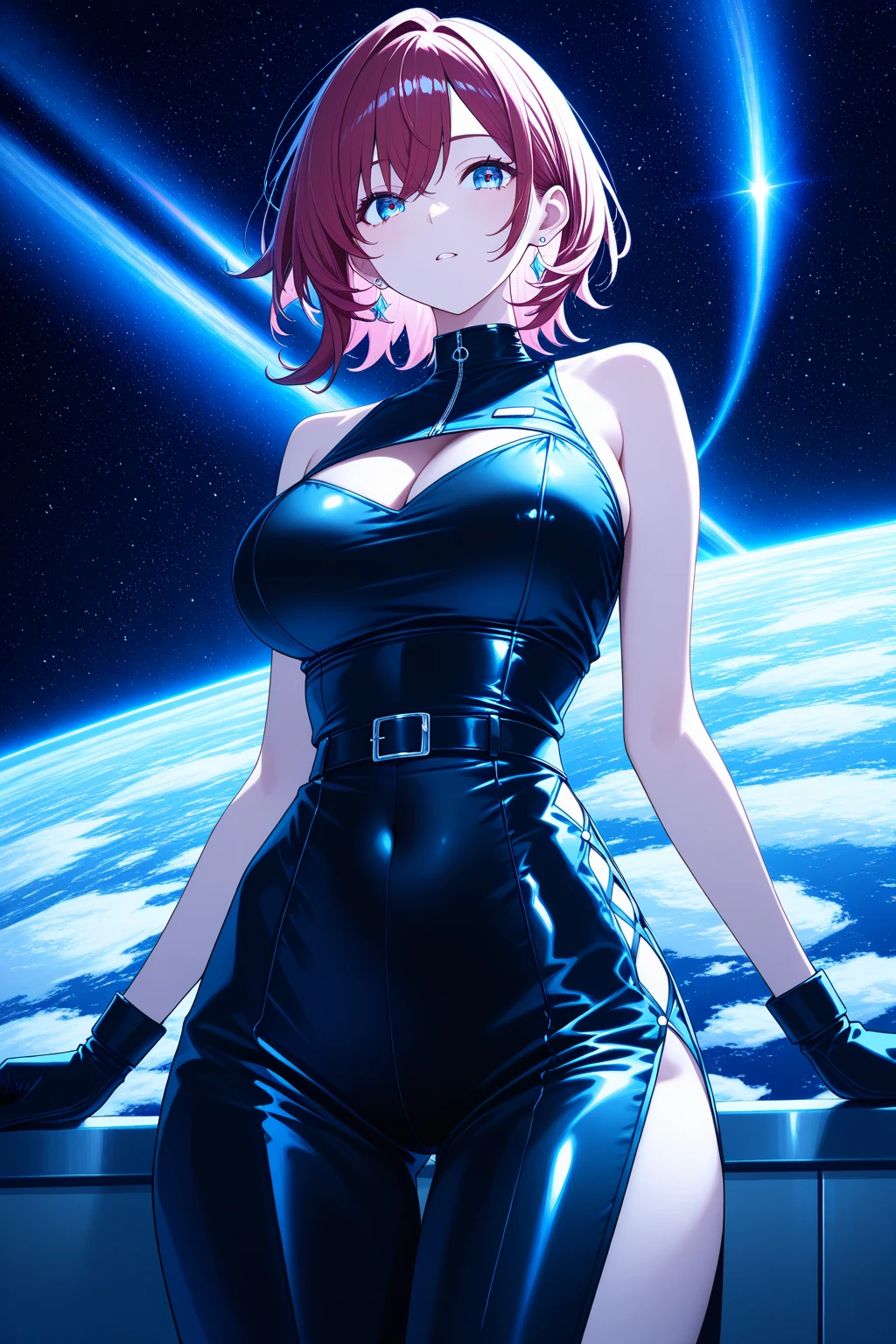 best quality, ultra-detailed masterpiece, anime art style, cute characters, nino nakano, one-piece swimsuit, large breasts, pantyhose, serious expression, The background is a large scientific observatory with a large screen and many staff members