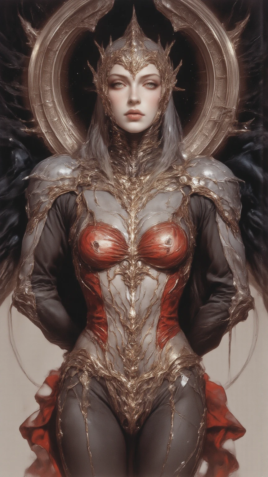 You have a mission!! task (((The most beautiful angel in a perfectly tailored outfit in a given situation))), (give the solution!!), (((one rule is the golden ratio and white balance))), ((always draw hands and fingers correctly, correct them if you make a mistake)), Hr giger tattooed sexy seductive dead girl, perfect face, hyper detailed ruby eyes, full body view,