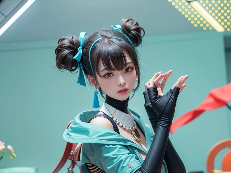 ((highest quality、8K、masterpiece:1.3))、standing、sharp focus:1.2、(realistic、Photoreal:1.37)、laughter、turn to the audience、put one&#39;s feet in front of the audience、beautiful face woman、28 years old、pointed chest、NSFW、long eyelashes、colored contact lenses、big 、Delicate、very fine eyes、highly detailed eyebrows、（sharp eyebrows）、（thin eyebrows）.highly detailed face、adult female, three people, Japanese, twin braids hair, light blue hair, A well-defined body, spread legs, from above, feet focus, looking at viewer, big smile, Cropped top, flare skirt, evening, spring, sunny, lake, pantyhose