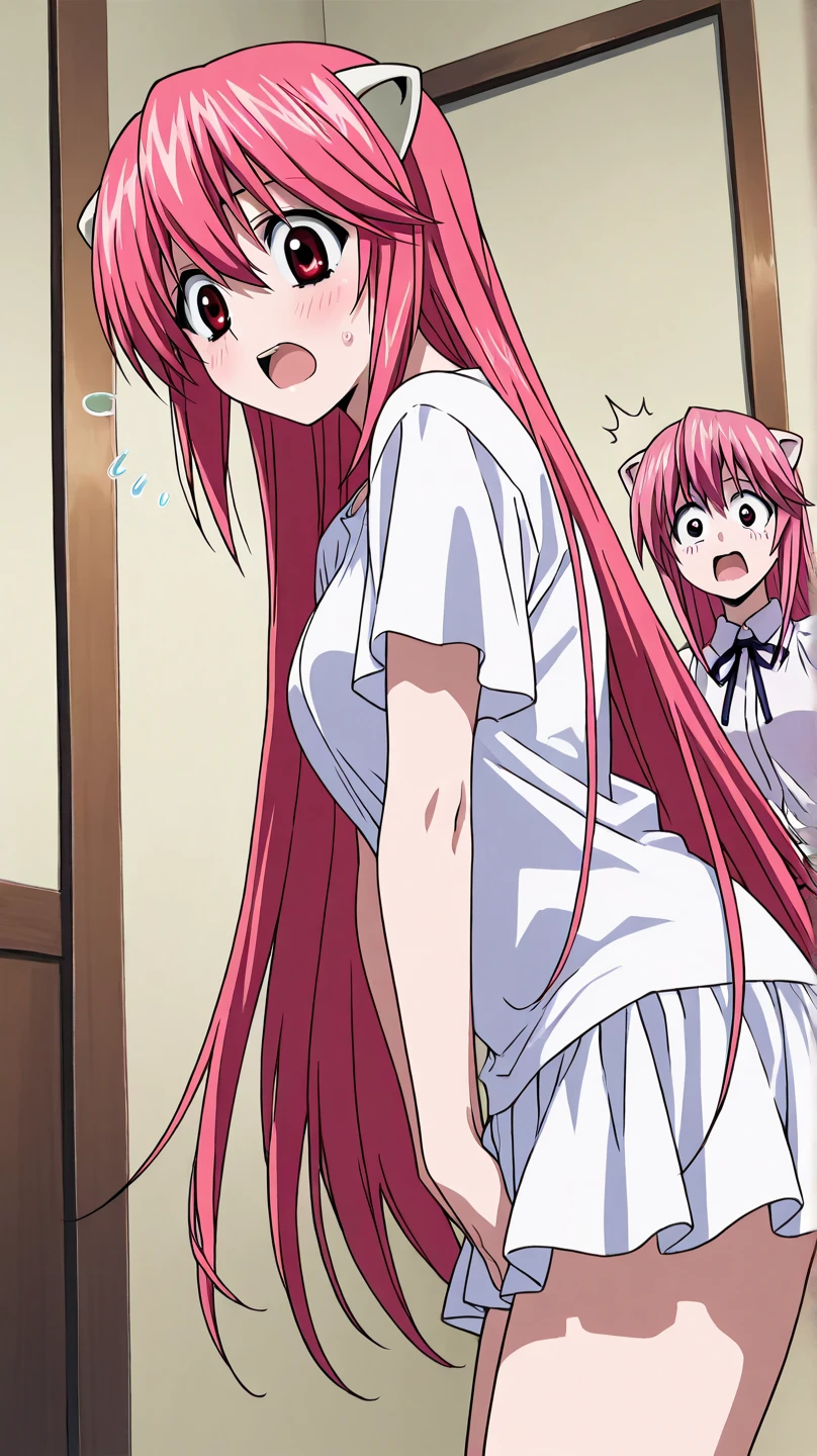 shikimori, slim legs,  beautiful eyes, blue eyes, happy, pink hair, long hair, cleavage, short skirt, thigh high socks, school uniform