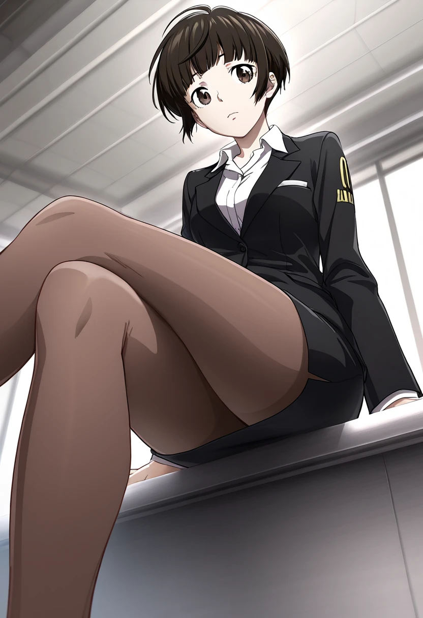 (Top resolution, Distinct_image), Best Quality, masutepiece, Highly detailed, semi - realistic, Woman with short black hair, Mature Woman, Triple bangs, Office Lady Suit, Tight mini skirt、All the buttons on her see-through shirt are undone, revealing her lace bra. On the train、Sitting、Open your legs、I can see the lace panties eye glass、interview。Inviting eyes a smile Thin pantyhose Center seam Black High Heels