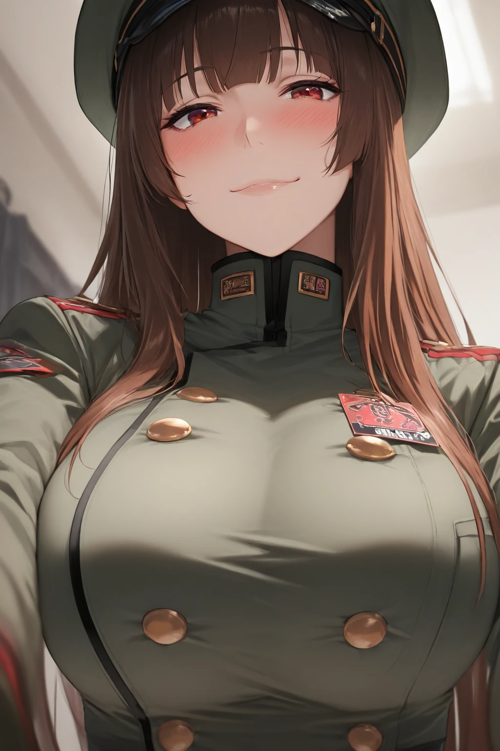 1girl, breasts, pasties, underwear, solo, panties, very large breasts, brown hair, jacket, survey_corps_(badge), black panties, thick thighs, bandaids_on_nipples, highleg, navel, blush, highleg_panties, bandaid, open_clothes, Looking_at_viewer, selfie , ponytail, paradis_military_uniform , open mouth, side tie panties, brown eyes, brown jacket, open jacket, smile, web address, bangs