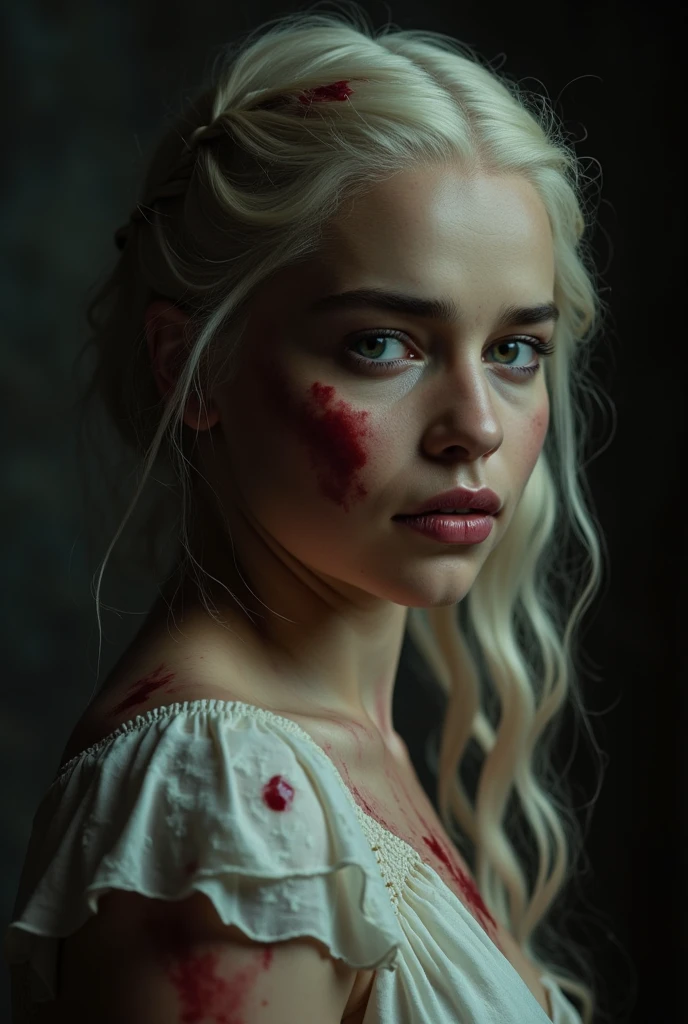 (((a deep reddish wound crosses her left cheek))) fair complexion, woman around 19 years old, natural white hair, distinctive green eyes, wearing kohl, slender and graceful, beautiful, candlelight in a medieval setting, ultra sharp focus, realistic shot, medieval female clothes, tetradic colors (scar:1.4)