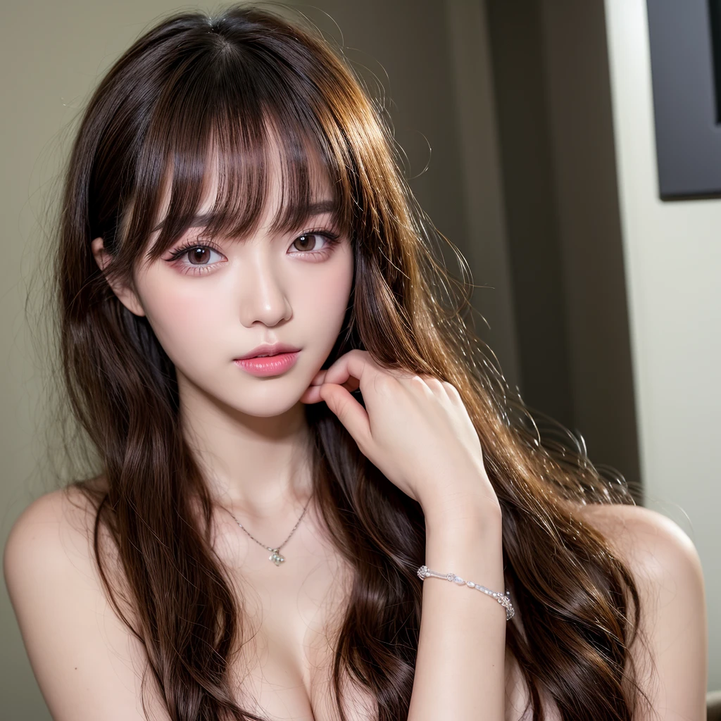 Canon RF85mm f/1.2,masterpiece,best quality,ultra highres,vc,1 girl,(korean mixed,kpop idol:1.2),solo,white_shiny_skin,black eyes,necklace,((brown_short_wavy_hair)),((pink_shiny_lips)),eyelashes,bangs,aface,make-up,shiny,Pore,skin texture,bracelet,offshoulder,see-through,big breasts