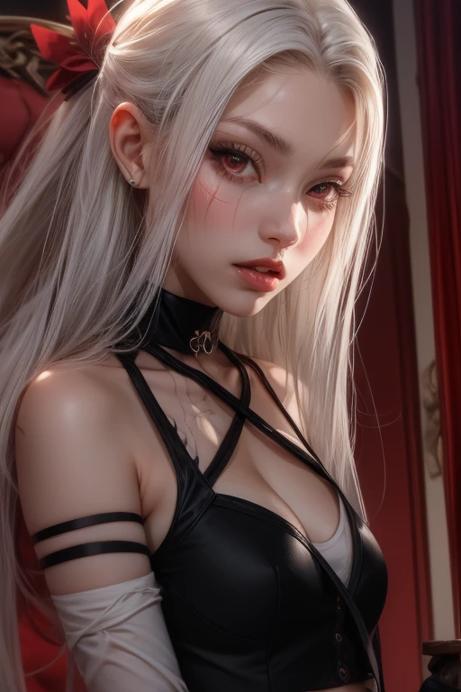 girl with white hair,with bangs, black gloves, purple clothes, green eyes,4K, masterpiece, perfect body, medium breasts,stem,perfect eyes, perfect shading, perfect lighting, best quality, work of art, ultra detailed, detailed clothing