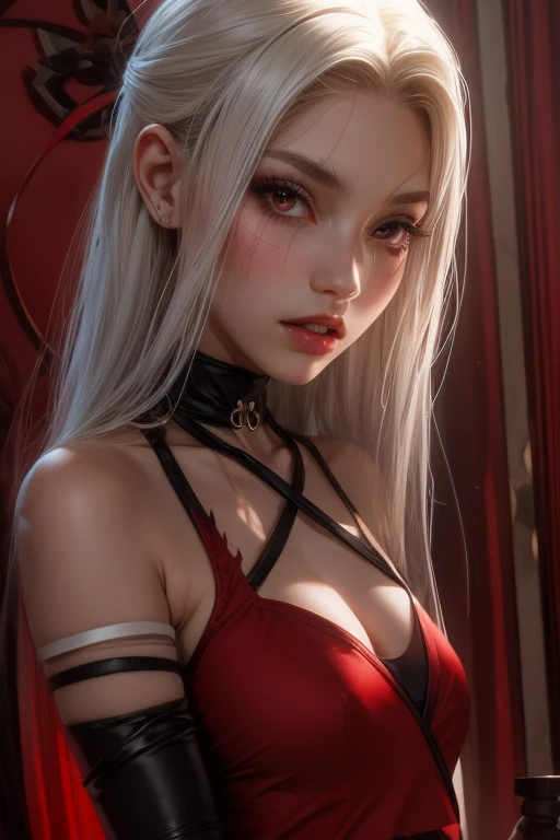one girl、unparalleled beauty、cute face、red face、fine eyes、(((vampire、deep red eyes、black lips、No expression)))、dark fantasy、Drifting eroticism、blonde、classy dress、small breasts、ancient capital、dark drawing room、luxurious ornaments、dark lighting、dark lighting、masterpiece、highest quality、super resolution、best image quality、Super detailed、