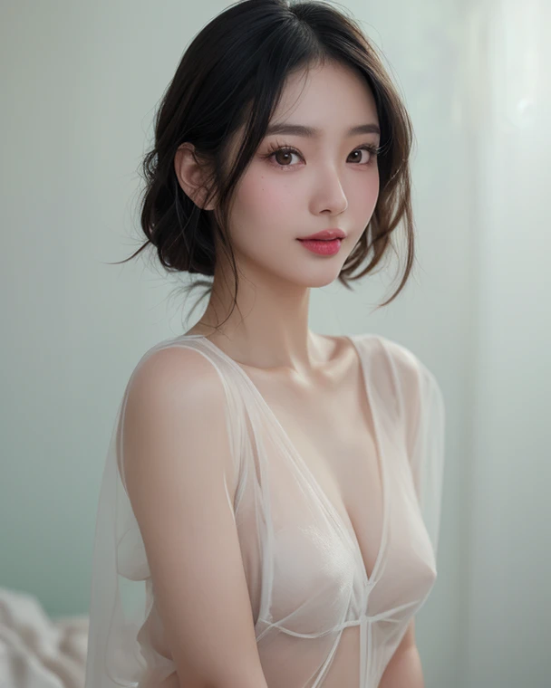 Chinese women completely , Sexy girl with black eyes, Ultra photo realsisim, detailed meticulous, Portrait of Liu Yan, Black hair and big eyes, selfie of a young woman, nomake-up, Natural makeup, look straight at the camera, face with artgram, Subtle makeup, Stunning full-body shot kneeling on bed, in a bedroom, Medium size bust