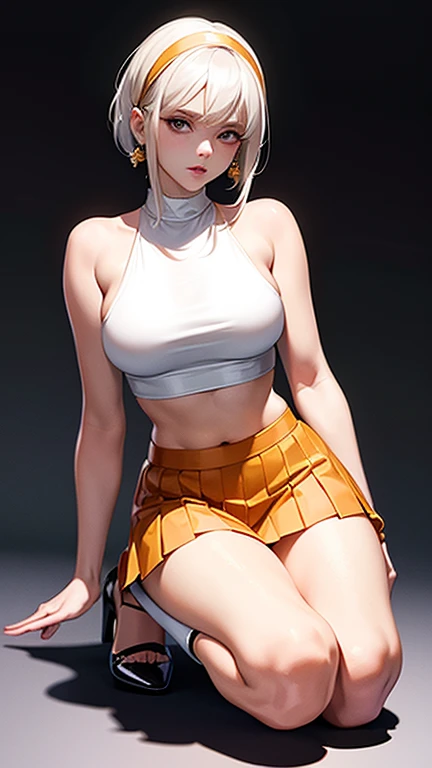 huge breasts, perfect body, perfect breasts, perfect face, perfect fingers, gorgeous face, slutty, short skirt, tube top, white tube top, bare midriff, bare shoulders, stockings, blonde hair, tan skin, from below, perfect legs, huge breasts, wet top, long ponytail, cameltoe, underboob