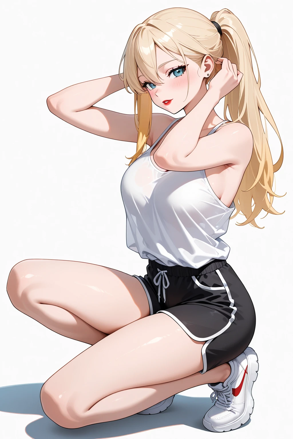 1girl, long blonde hair, blue eyes, wearing blue tank top and black dolphin shorts, no background, absurdres, high res, ultrasharp, 8K, masterpiece, long legs, large breasts, thicc thighs, thighs shown, blushing, short shorts, barefoot, perfect hands, large ass, seductive smile, perfect hands, super closeup, large cleavage, wedgie, bra under tank top, bra, tank top, black bra seen under blue tank top, anime line art, lineart, smiling, seductive pose, long legs, ponytail, tight dolphin shorts, light blue tank top, light blue tank top, light blue tank top, long legs, coloured tank top, cleavage, skimpy bra under tank top, fully white background, blue tank top, slender figure, arm between thighs