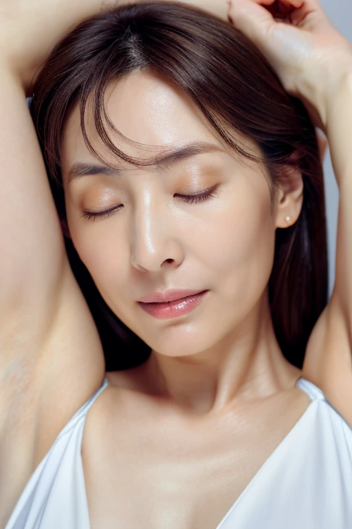 白い大きなブラジャーを着てphotographを撮っている女性がいる, ((photograph))、本物のphotograph、armpit, 49 years old, bare arms, dark skinned mature woman、with both arms raised, 50 years old, mature adult woman, sweaty skin!! Sweaty armpits, 汗ばんだarmpit、((big breasts 1.8))、close your eyes、can'I don't see anything、eyes are hidden、(((blindfolded)))、mouth is only half open、japanese woman、random hairstyle、indoor、inside the house、Sweaty skin、