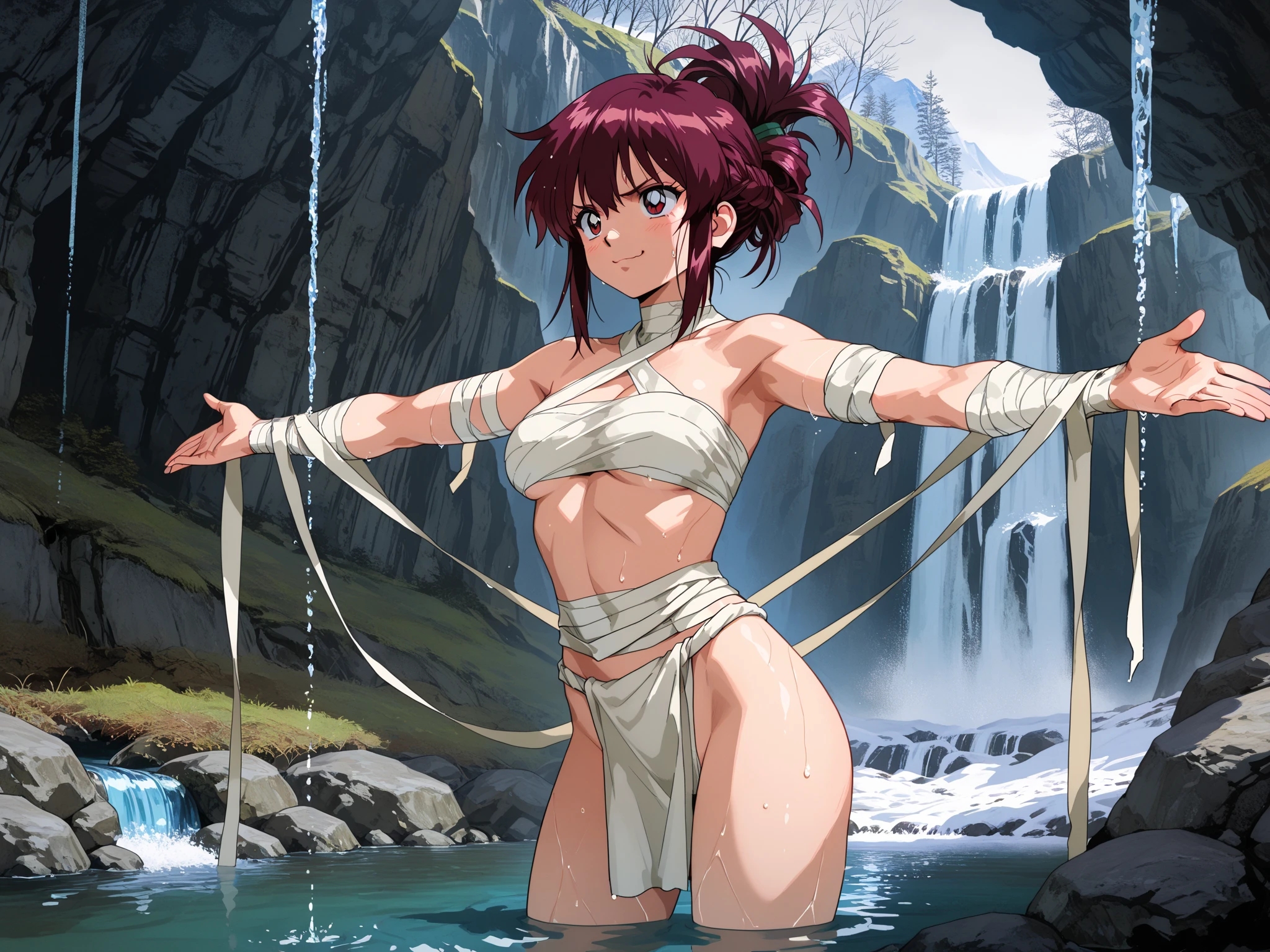 masterpiece, Highest quality, Anime 1990s \(style\,Fearful expression, A bust that seems to be bursting, Deadly woman.Defeated,naked,Crouching feebly
