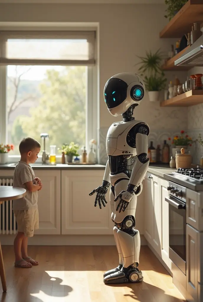 Cute robot in a beautiful modern room greets a boy who has woken up in the morning and hands him a tray with a breakfast of fruits.