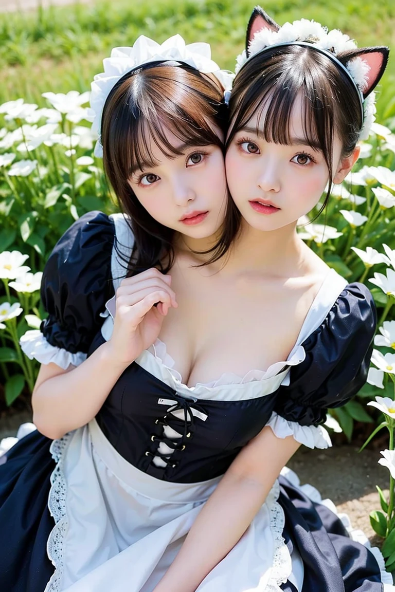 (2girls, twins:1.3), (beauty girls, delicate girls:1.3), (20 years old:1.3),
break, (cute maid uniform, ruffle blouse, pink ribbon tie, skirt:1.2),
break, (maid cafe:1.2),
break, very fine eyes, (symmetrical eyes:1.3),
break, (huge breasts:1.2), brown eyes, parted bangs, brown hair, Voluptuous things,
break, (eyes and faces with detailed:1.0),
break, (masterpiece, best quality, ultra detailed, detailed face, 8k)