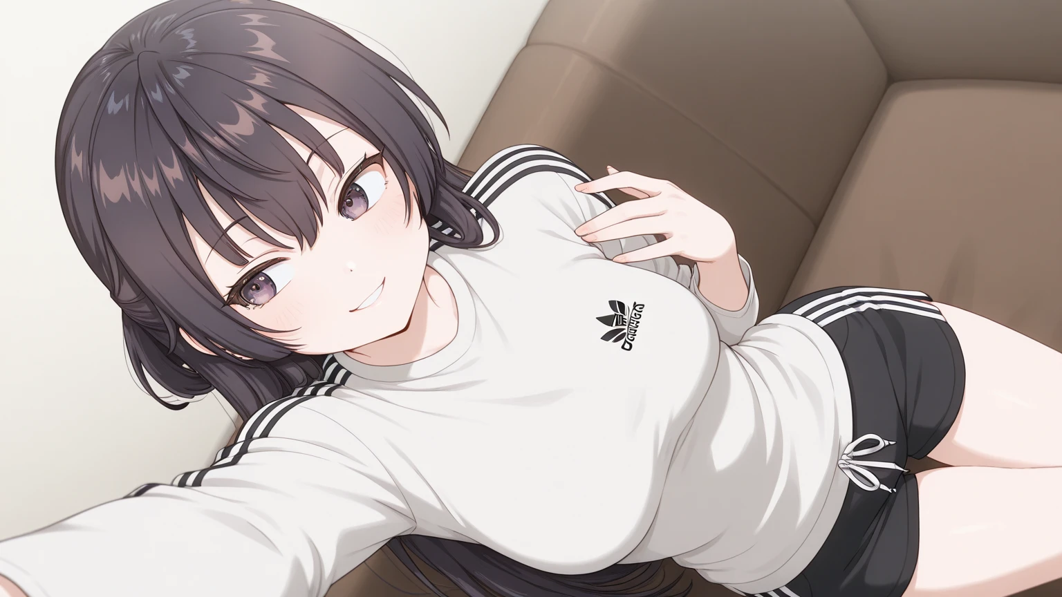 (nsfw),masterpiece,ultra detailed,sharp focus,high resolution,(double peace with both hands on face:1.3),(aroused:1.3),curvy body,bukkake,face focus,track jacket,black medium hair,tongue,at classroom,(sweaty),grinning,