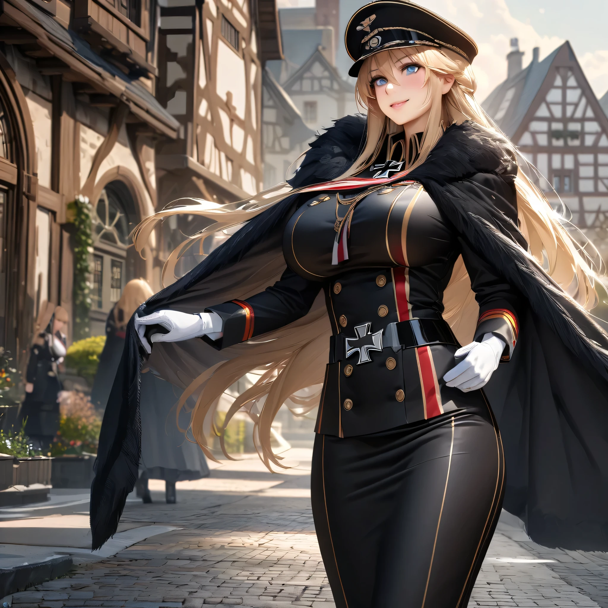 (KMS Bismarck, Azur Lane), wearing black military uniform, blonde hair, long hair, ice blue eyes, black skirt, black fur cape with white details, standing posture, military hat, walking on a concrete sidewalk in a garden , traditional German town in the background, German houses in the background, smiling, big breasts. .UHD, masterpiece, accurate, anatomically correct, textured skin, super detail, high quality, best quality, 8k, high resolution, bokeh effect.(solo woman),white gloves, realistic, close view.
