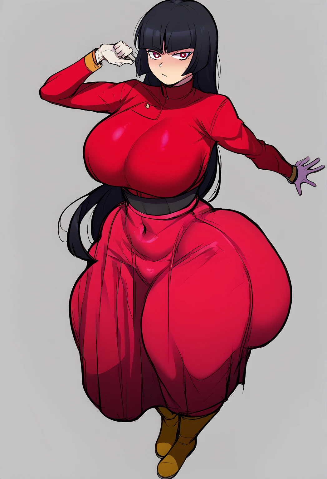 (masterpiece), best quality, expressive eyes, perfect face, vampire girl, huge girl, female muscular:1.2, big breast:1, (curvy:1.5) , (straight hair:1.8), ((blank background)), ((full body)), (thick thighs:1.4), (long legs:1.4), amazon body, toeless boots, ((pale skin)) , red eyes, black hair, (long fangs) , long yellow dress, long sleeves, loose sleeves, covered nipples