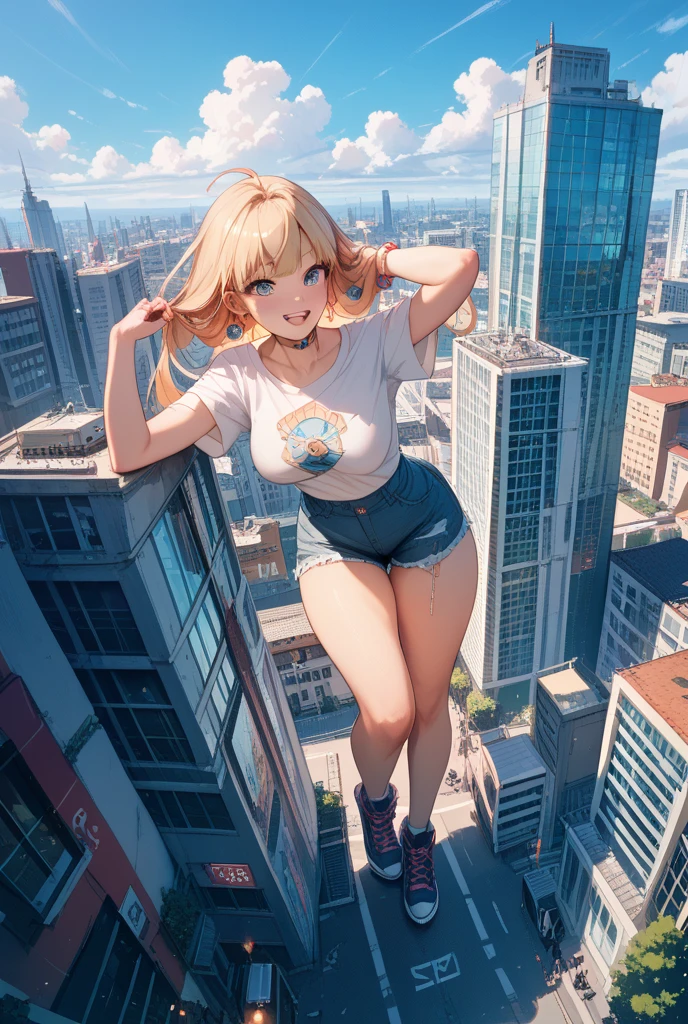 bikinlag ichigo who is above the city is floating in a lying position very far from the city with beautiful scenery such as blue sky, bright, beautiful light