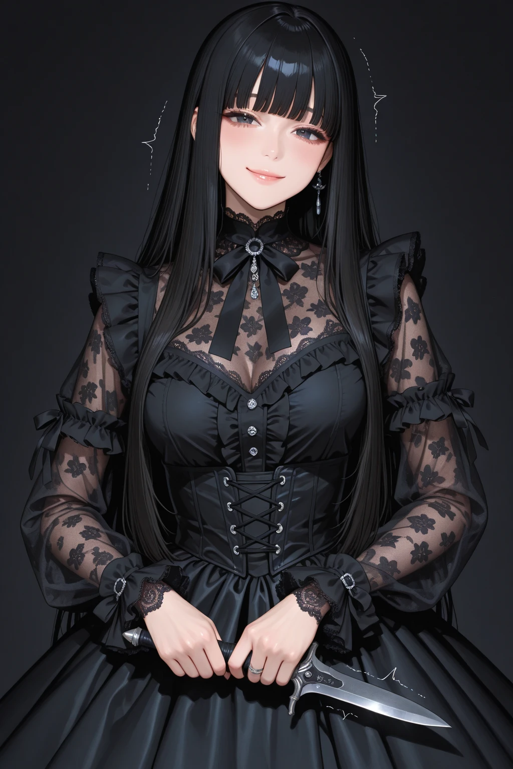 ​masterpiece、absurderes、nffsw、extremely detailed eye and face、GothGal、(Woman in military uniform Gothic)、Runny nose makeup、See-through clothing、Ren Hao、embroideries、woman wearing a GothGal outfit、pale white skin、wearing a ballgown
