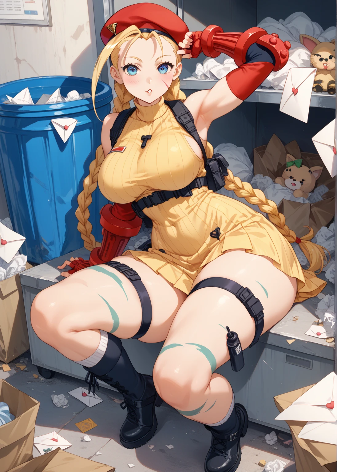 solitary, (Fox ears), Exquisite eyes, blond hair,Facial details, Green Eyes, Red Eyeshadow, lips are red, Fake laugh, Ukiyo-e, masterpiece, high quality, big breasts,Black tights,High heel,Exposing thighs,leaking breasts