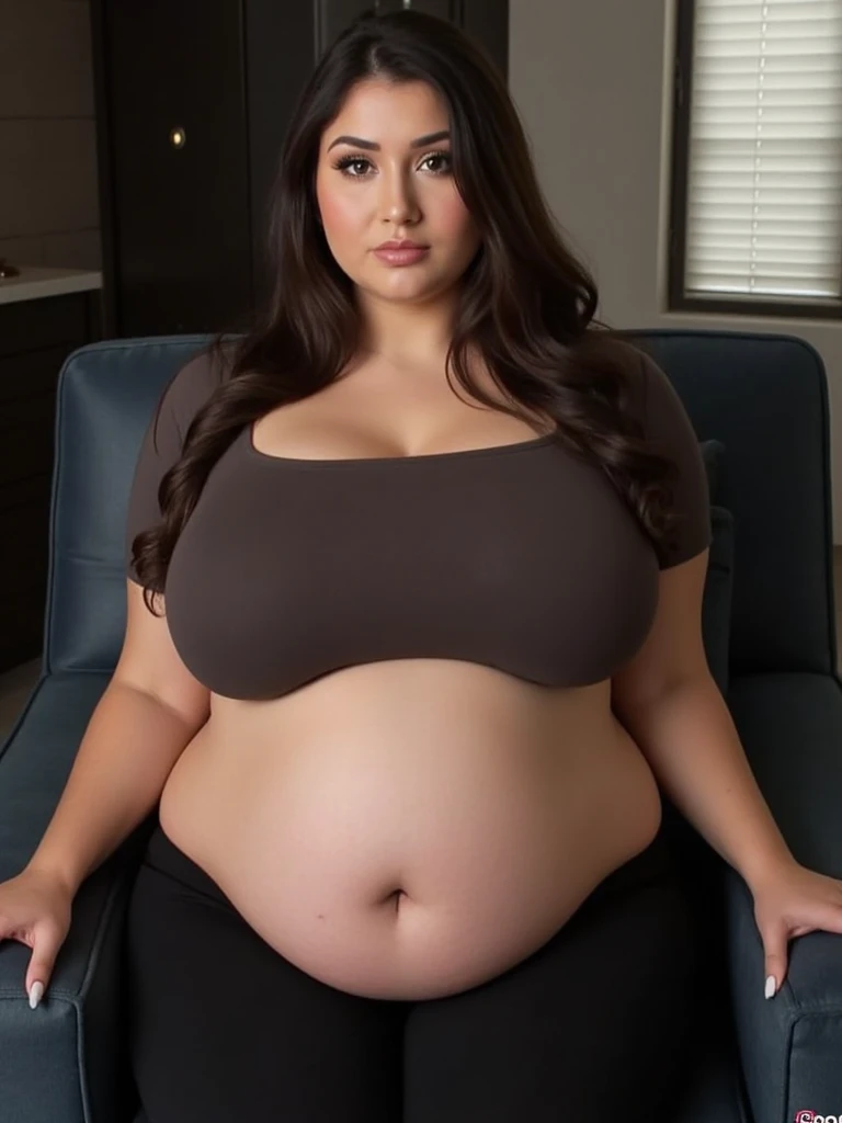 A very pretty and fat woman, long wavy brown hair, brown eyes, sitting on carpeted floor in the corner of a room, sitting in corner, wearing very tight cow print clothes, huge breasts, very large belly, exhausted facial expressions, Patting her belly, very chunky fat thighs, very stuffed belly, very round belly, belly hang, very heavy belly