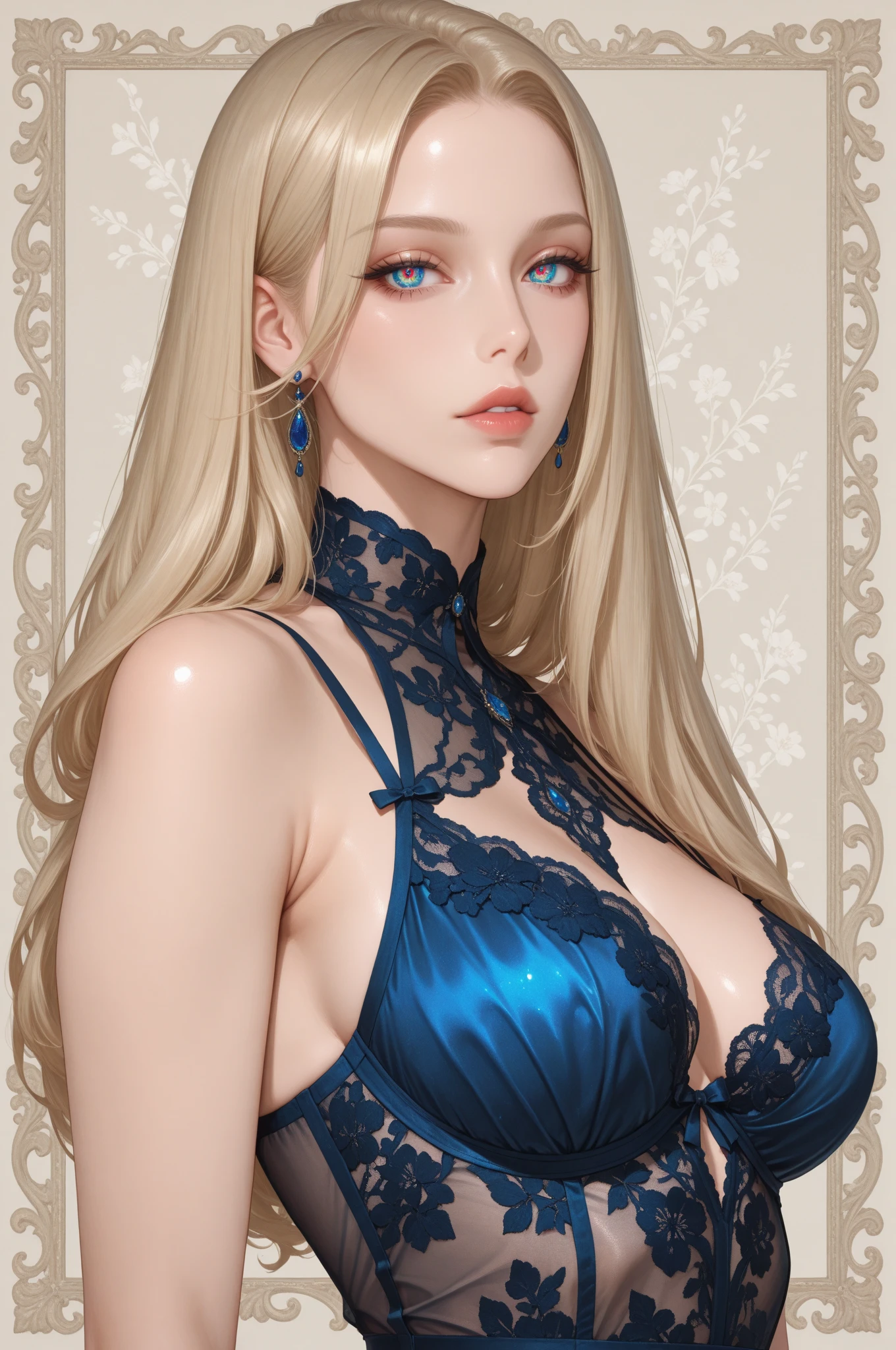 A beautiful young woman, 1girl, hourglass figure, seductive pose, printed design black traditional blouse and long skirt, silky blunt blonde hair, heavy silver jhumka earrings, cleavage, detailed face with stunning eyes, full lips, flawless makeup, dark cinematic lighting, dramatic photorealistic effect, masterpiece-level 8K rendering, ultra-detailed, realistic, photo-realistic, HDR, UHD, studio lighting, ultra-fine painting, sharp focus, physically-based rendering, extreme detail description, professional, vivid colors, bokeh, delicate necklace,purse high heels