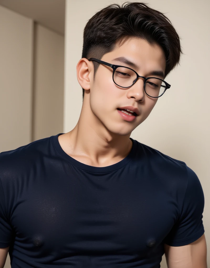 best quality, masterpiece, 8K, HD, masculine, 30 year-old korean gentleman, muscular, nerdy look, glasses, shirtless, big bulge, golden ratio, wear a tie,sexy, god rays, sharp focus, perfection, no watermark,wearing no underwear, sexy, Masculine and handsome, muscular, Beautiful muscles, hairy body,Full body sweat, lewd face, firm chest, sexual, provocative, lustful, accessories include a luxury wristwatch, looking at the viewer, muscle veins, lightly tanned skin, drooling, slimy, sticking out tongue, wanting to show off chest