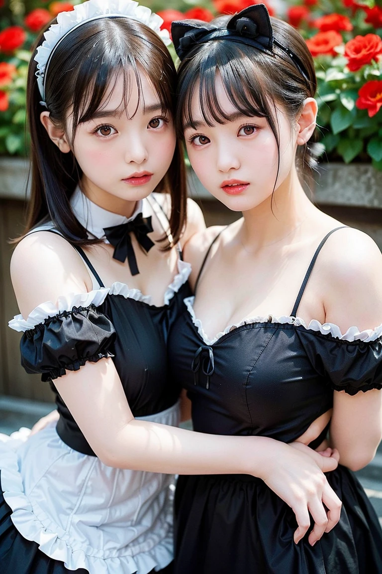 Highest quality、masterpiece、8k、Very detailed、Realistic、Looking at me with a smile、whole body、Black Hair、Short Hair、Small face、Slender、Big Breasts、Thin and beautiful legs、narrow and constricted waist,、Victorian maid clothes
