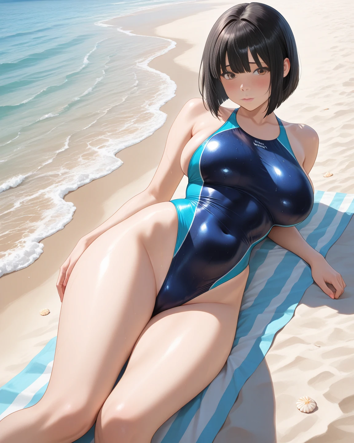 (((うつ伏せ: 2.0))), ((competition swimsuit: 1.5)),(1 girl: 2.0), (lower breasts: 2.0), (Smile Beam: 1.5), (huge breasts: 2.0)), (huge saggy breasts: 2.0), (cleavage: 1.5),  (((high leg: 1.5))), (latex: 1.5)), anime girl in bikini posing on the beach with an umbrella, boobs, realistic bikini, swimsuit, is wearing a swimsuit, boob boobs, seductive anime girls, big boobs! , at the beach, big boobs!! , [4K Digital Art]!! , on the beach, smooth anime CG art, with big breasts, on the beach, highest quality, 4K, masterpiece, very detailed, studio lighting, hilarious, vivid expression, super high quality, very detailed, perfect photo, 3d, 8k, high resolution, black hair, (black eye: 1.5), sporty shadows, smooth anime CG art, 