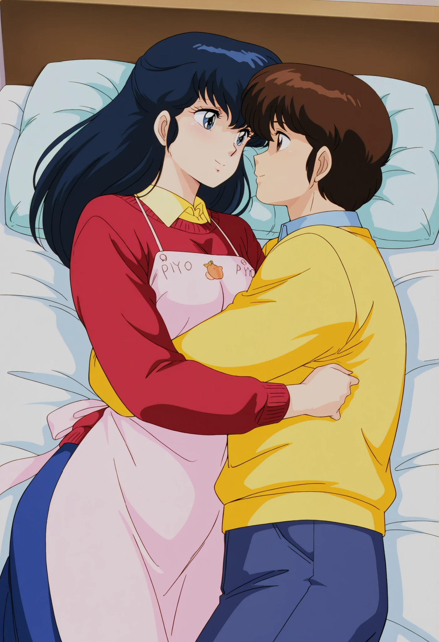 masterpiece, best quality, amazing quality, detailed background, perfect eyes, anime coloring, anime screenshot, 1980s \(style\), 1girl, , mature female, otonashi kyouko, black hair, long hair, , blue eyes, medium breasts, yellow shirt under red sweater, long sleeves, blue skirts, piyo piyo apron, hugging 1man, hug, looking at each other, on bed, smile, beautiful room, brown hair, brown eyes, lying on bed together
