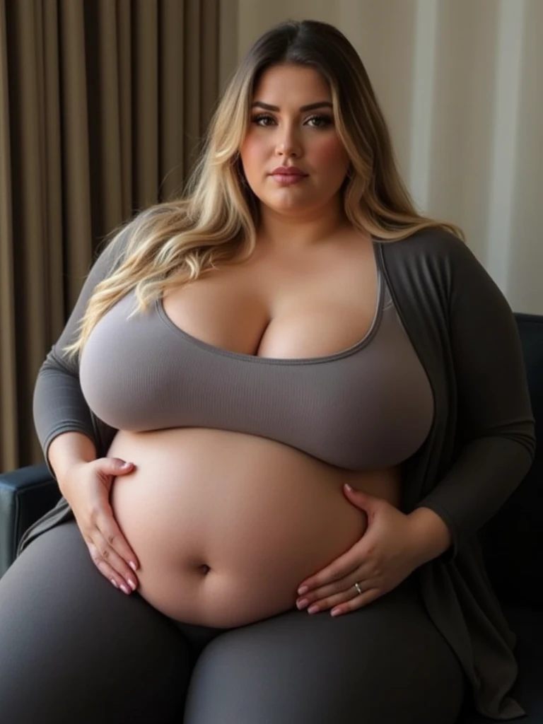 A very pretty and fat woman, long wavy blonde hair, sitting on couch, wearing nothing, naked, kinda small breasts, very large belly, exhausted facial expressions, patting her belly, very chunky fat thighs, very stuffed belly, very round belly, belly hang, very heavy belly, pregnant belly, 9 months pregnant, perfect face, detailed face, tired, very round belly, sitting on butt, chunky arms, fatty, perfect eyes, normal tits