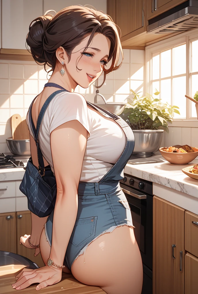 ((Best quality)), 1girl, big breasts, kitchen, MILF