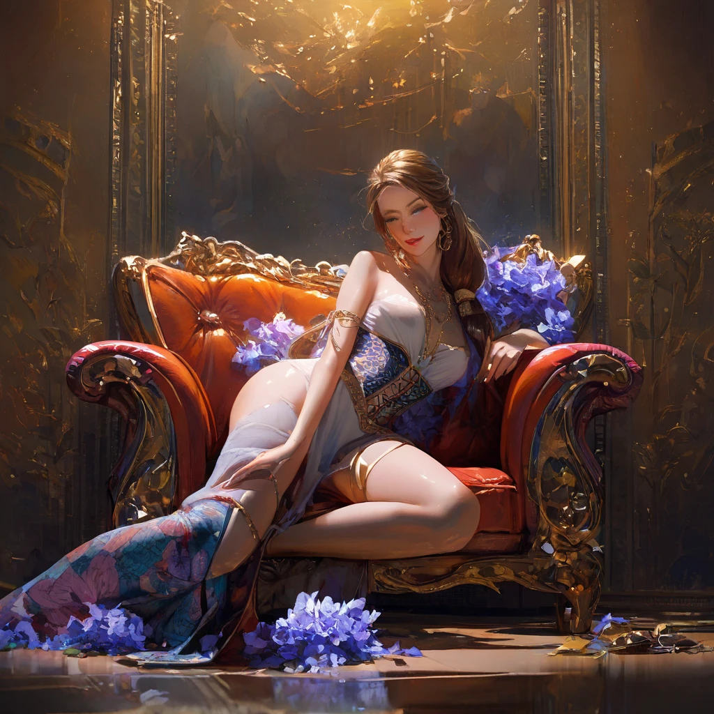((masterpiece)), ((best quality)), ((ultra detailed)), delicate, (ultra realistic), 16k wallpaper, ((extremely detailed)), ((american take)), cowboy shot: 1..4, variety of poses, top view, ((no bra)), (tits exposed), ((1girl)), angelic face, very young, , glass eyes, violet eyes, extremely long hair, fluttering in the wind, character strictly two-legged, ((anatomically correct legs)), ((anatomically correct hands)), perfect hands, (five fingers), (detailed face), (perfect butt), (perfect face), (perfect body), ( (small breasts)), has a loving look, a longing expression, intricate flower hair decorations, (black choker, detailed gold and diamond pendant), ((high heels)), background of huge antique clock, gears , pendulums, old numbers on the floor, old porcelain vases, dried flowers in jars, rows of old wine bottles, old furniture. fine porcelain, small decorative figures, old paintings, a huge pet dragon