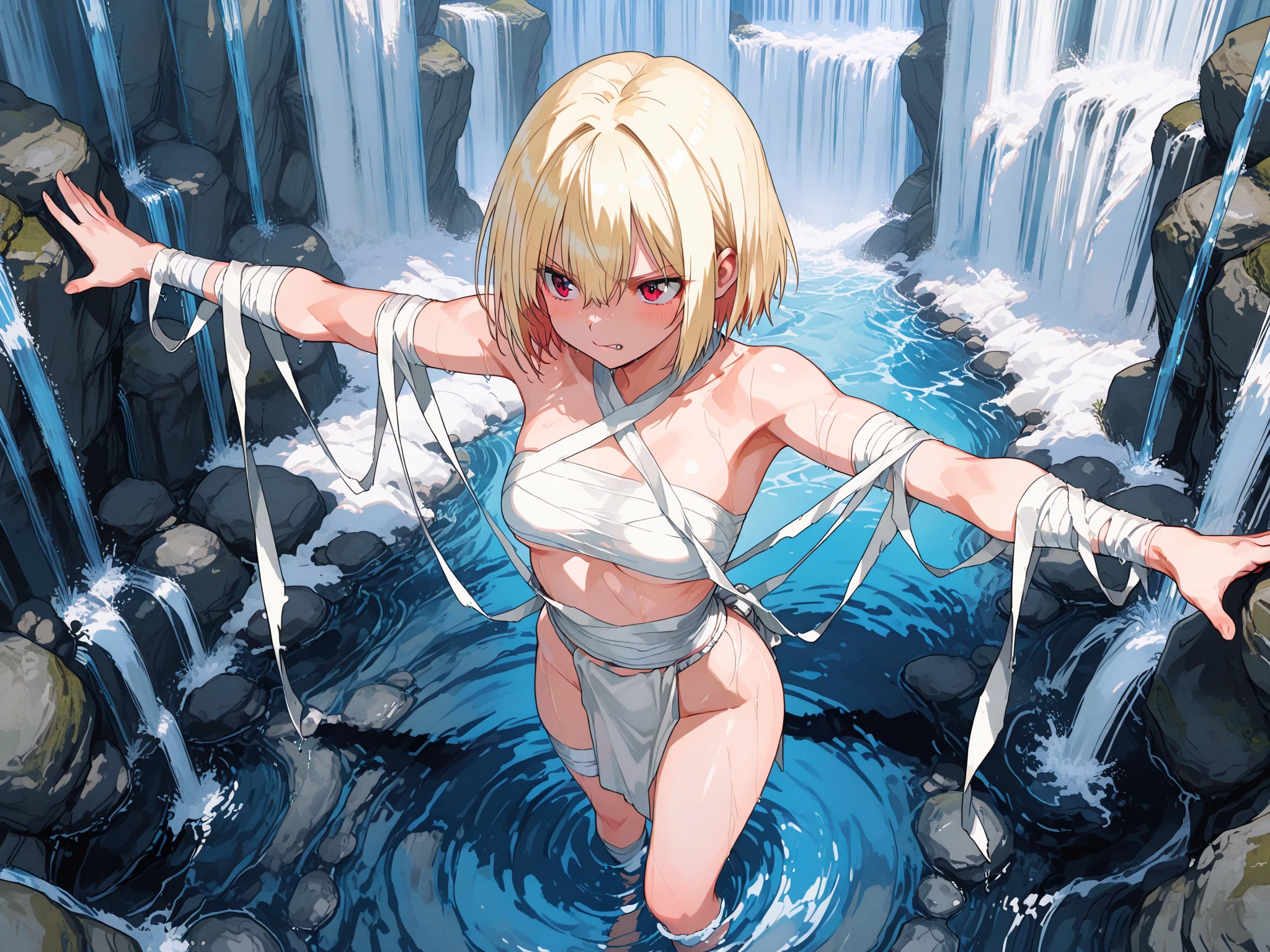 masterpiece, best quality, <lora:Water Prison:0.8>, waterprison, partially submerged, cold, freezing, heavy breathing, arms up, water, wet, nude, waterfall, prison, dungeon, chains, restrained, indoors,