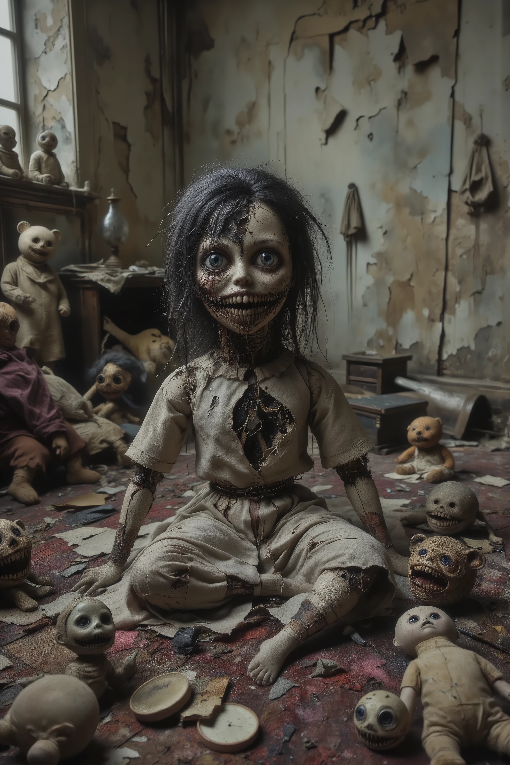 A dirty torn up doll sits on the stained carpet in a filthy bedroom among old broken toys and walls that are crumbling and falling apart. There are random bald spots within the doll's dark greasy head of hair, and he is even coming apart at the seams. He sits there looking sad, lost on a sea of depression, melancholic to the extreme, and haunted with bad memories and no hope for the future. In direct contrast, several stuffed animals on the floor surround the doll.  They clap their hands and yell and do anything they can to try and cheer up the doll. They smile and role-playing with each other but can not shake the doll's lifeless empty stare.  A very sad and macabre scene of a mentally ill doll who has lost all happiness and the grotesque appearance he has is all there is. Demonic, creepy doll, depressing, sadness, melancholy, mental illness, mental pain, hopeless, ultra-realistic, photo-realistic, ultra-detailed, icon style, iconic characters, realism, hyper-realistic, portrait photography, cinematic portrait, cinematic photography, UHDR, full focus, highest quality, cinematic lighting, attention to detail, unique, cinematography, best quality, masterpiece.
