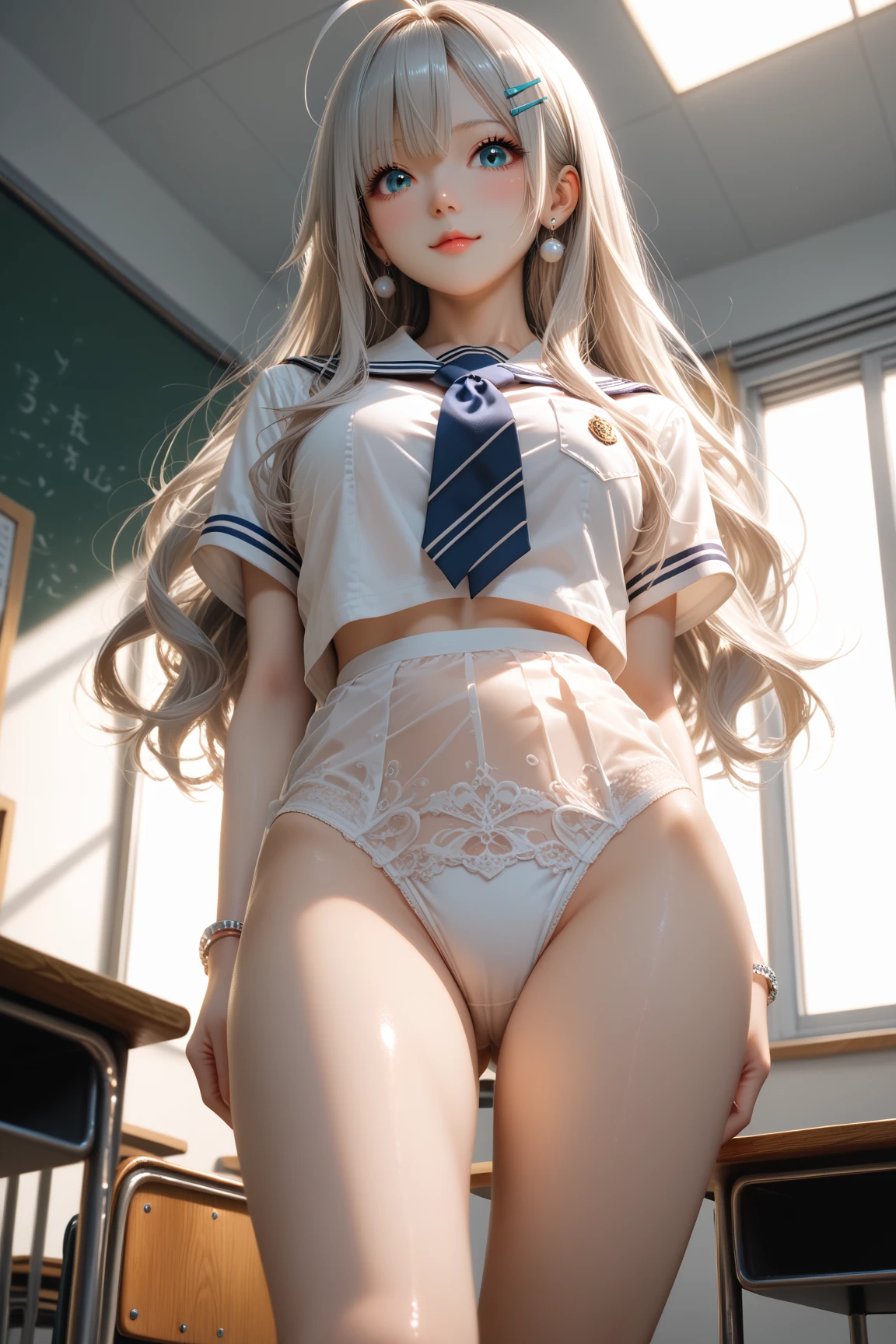 masterpiece, top quality, hi-res, hires, one girl, solo, angle from below, skirt, shirt, blue eyes, see-through shirt, unbuttoned shirt, unbuttoned, puffy chest, chest cleavage, protruding, hard, white hair, pleated skirt, socks, black skirt, long hair, long sleeves, bangs, black socks, dress shirt, embarrassed look, blush, sweaty, drenched, see through, see through clothes, skirt that flutters in the wind, lift up skirt, crotch line, hip line, white underwear, panty shot, beautiful leg line, water droplets running down the legs, wet lower body, wet waist, excessive crotch water droplets, 3D effect of body parts, embossed underwear, realistic skin texture, focus on legs, kneeling, spread knees, bright room, panty position shifted with fingers, lighting from below, wedged in panties, photo, beauty --auto --s2