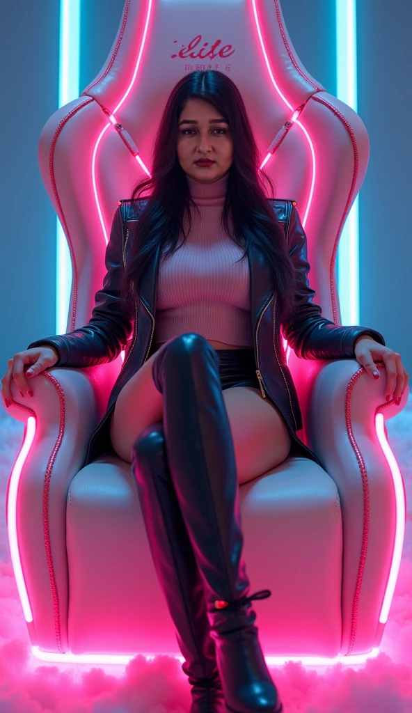 A sexy Asian mommy , big boobs , devilish smile, sits on a raised throne Stairs steps reach up to her throne, she sits at the bottom of the stairs, in a club , wearing a pink fur coat