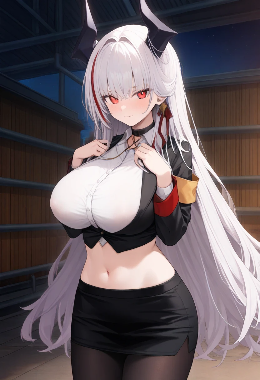 One girl ((Demon Slayer uniform、))mini skirt, alone, hair ornaments, arms, sword, Silver Hair, Multicolored Hair, Red eyes, Gray Hair, kimono, Gradient Hair, Haori, belt, knife, Long Hair、((Large Breasts、Big Breasts、Soft thighs、Big Boobs))(、I can see your boobs)(long hair to the waist)Mansion