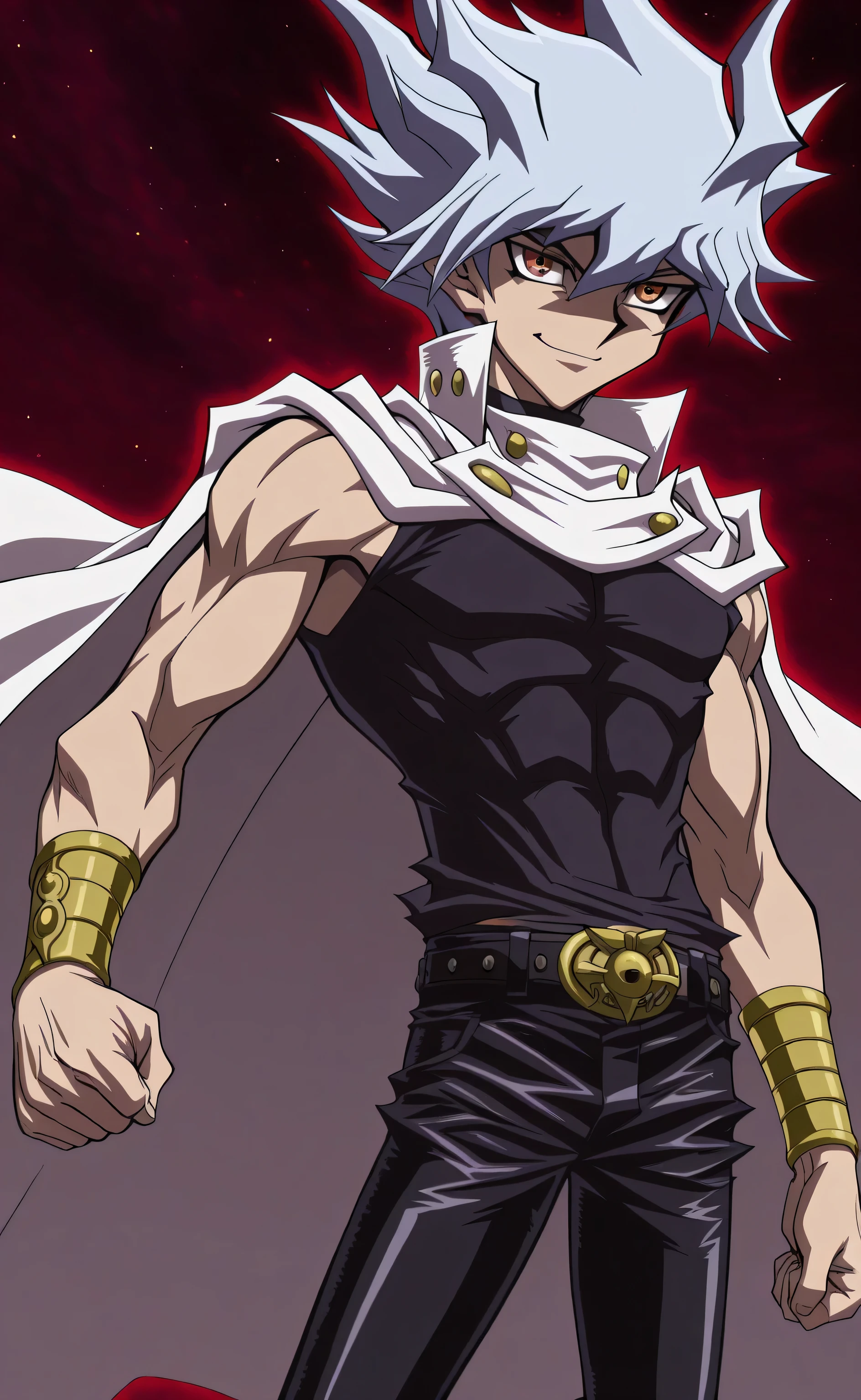1male,solo,Ryuga,silver hair,spike hair,short hair,amber eyes,White cape,black toptank,leather pants,smirk,muscle,Yugioh Dark Side Of Dimensions Style
