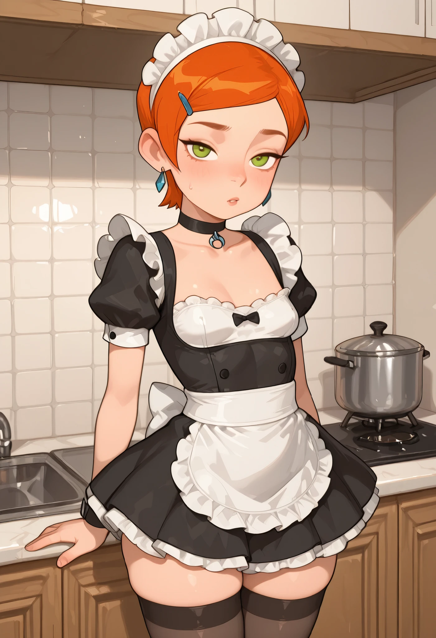 Gwen Tennyson . ginger . short hair . green eyes . small breasts, huge hips . slim body . choker . Looking from the viewer, choker, maid dress, kitchen. half-open eyes. stockings.