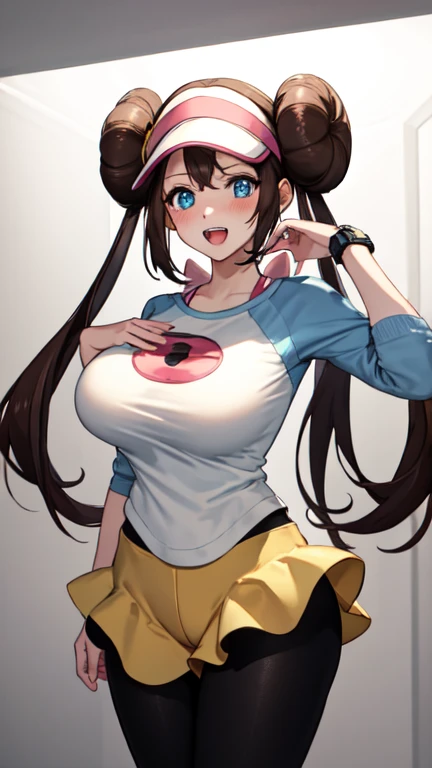 Tabletop, Sharp focus, Realistic, Ultra-detailed, beautiful girl, (Side light:1.2), smile, B1, Hair Bun, blue eyes, Twin tails, Visor Cap, pantyhose, Raglan sleeves, Yellow shorts, shirt, Pink ribbon, watch, whole body、Sexy Body、Hip emphasis, Large Breasts