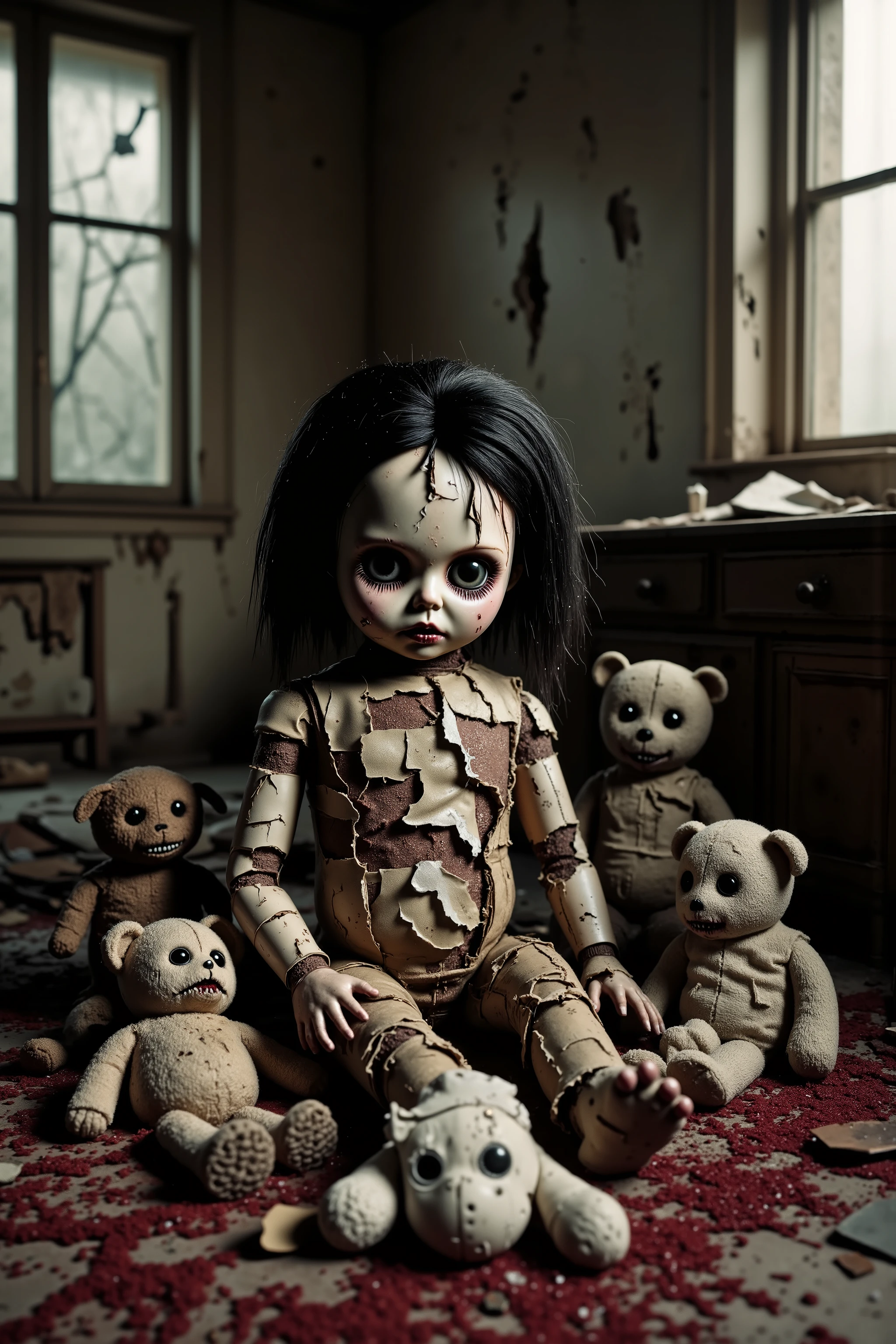 A dirty torn up doll sits on the stained carpet in a filthy bedroom among old broken toys and walls that are crumbling and falling apart. There are random bald spots within the doll's dark greasy head of hair, and he is even coming apart at the seams. He sits there looking sad, lost on a sea of depression, melancholic to the extreme, and haunted with bad memories and no hope for the future. In direct contrast, several stuffed animals on the floor surround the doll. They clap their hands and yell and do anything they can to try and cheer up the doll. They smile and role-playing with each other but can not shake the doll's lifeless empty stare. A very sad and macabre scene of a mentally ill doll who has lost all happiness and the grotesque appearance he has is all there is. Demonic, creepy doll, depressing, sadness, melancholy, mental illness, mental pain, hopeless, ultra-realistic, photo-realistic, ultra-detailed, icon style, iconic characters, realism, hyper-realistic, portrait photography, cinematic portrait, cinematic photography, UHDR, full focus, highest quality, cinematic lighting, attention to detail, unique, cinematography, best quality, masterpiece.