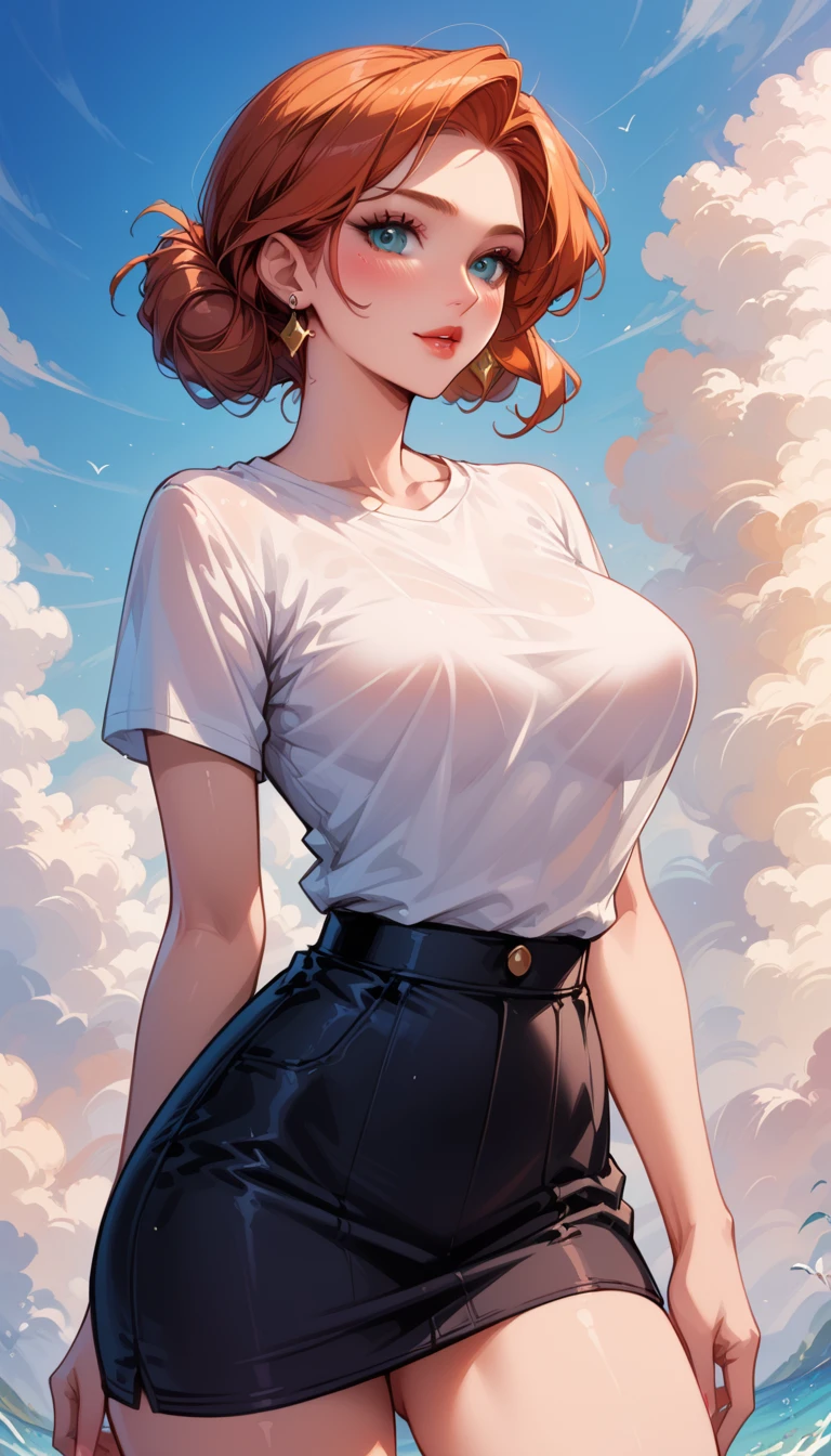(high-level image quality), (high quality), (high resolution), (detailed), (masterpiece), beautiful woman, ((caucasian)), green eyes, red hair, short hair, dark red lipstick, slender body, perfect eyes, Detailed face, sexy black turtleneck, black shorts, black belt on the waist, portrait, down below, malicious face