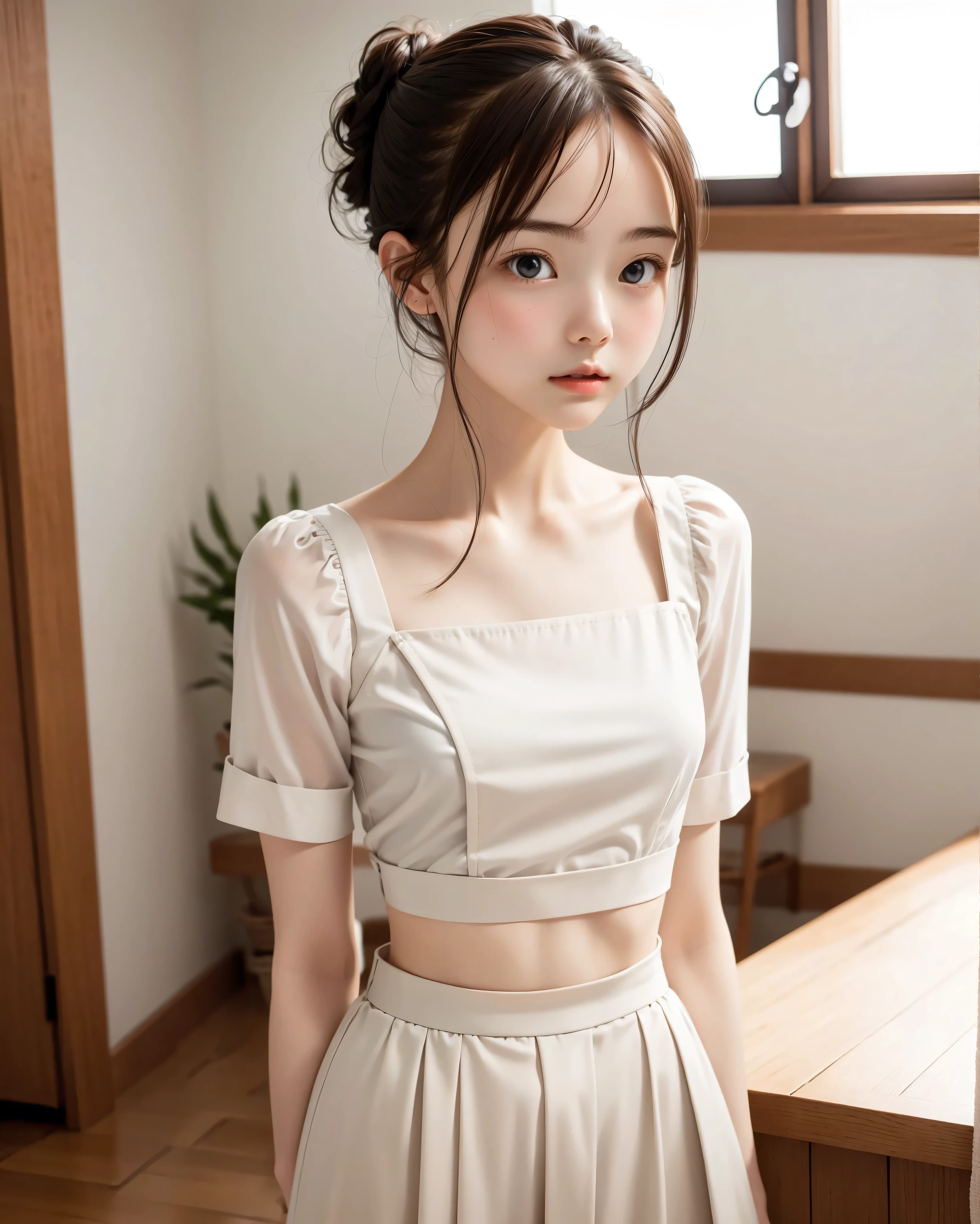Maid, Chignon Hair,brown hair,slender body, cute pretty girl