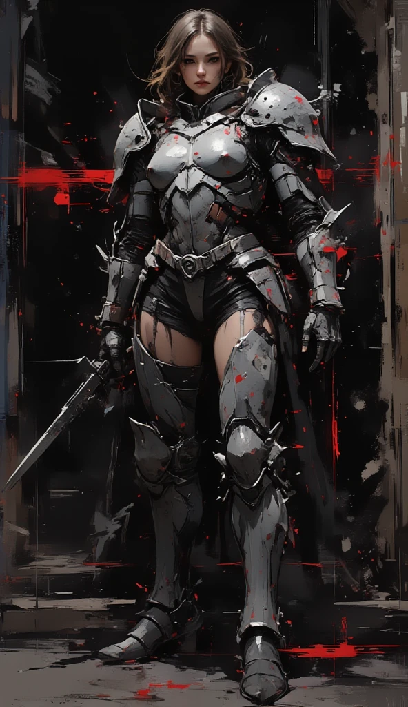 A muscular female heavy-armored warrior in scratched and blood-splattered plate armor, full helmet covered in dirt, wielding a massive axe, sweat dripping, intense gaze