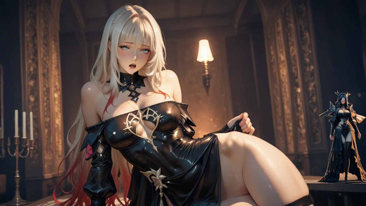 1 girl and 1 boy having sex, boy put his penis into girl's vagina, girl moaning, girl cumming out, girl drooling, can see girl's bare breasts, girl show nipples, rough sex, girl open legs, black stockings, There's cum dripping from her pussy and body, cum drip, no underwear, no bra, no panties, red lips, eye shadow, large breasts, (split), seductive face, full blush, clear blush, (highres:1.2), ultra detailed, detailed face, detailed eyes, ((masterpiece)),(best quality),((very detailed)), ((cinematic lighting)), (dynamic angle), detailed lighting, (beautiful and delicate eyes), sweaty body, Mature and excited body, vibrant, Delicate and beautiful fingers, Detailed beautiful legs, windy, belly, lifted skirts, gloves, looking at viewer, Super Detail, Ultra-realistic body, Shiny skin, Glossy detailed hair texture, Hard Dark Gothic Makeup、Deep Night Sky、Black dark eyeshadow、Dark Gothicメイク、Dark smile、palace、24-years-old、Expressions of intense sexual pleasure、Expression of sexual pleasure amid suffering、Super seductive pose、Heavy makeup、Gothic Lolita Clothing、Stained glass is the background、Chest glistening with sweat、The room is dark、Bell Sleeves、Wizard Sleeve, long hair, silver hair, ponytail, black see-through stockings, throne