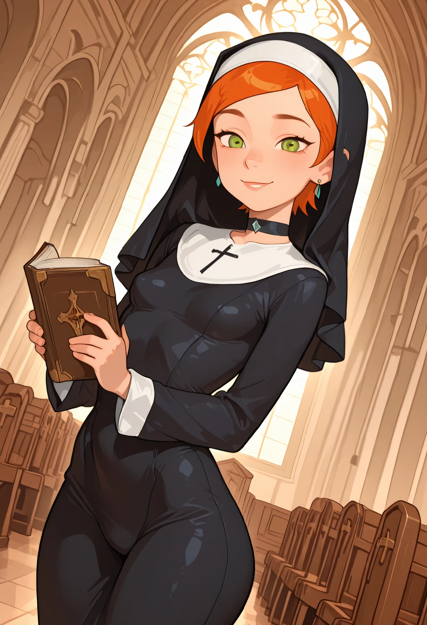 Gwen Tennyson . ginger . short hair . green eyes . small breasts, huge hips . slim body . choker . | church, church seats, nun, holding bible, lectern, smile, audience looking on, solo, cowboy shot, dutch angle, hdr, hd, 4k, 8k, beautiful photography, full angle, dolby vision,